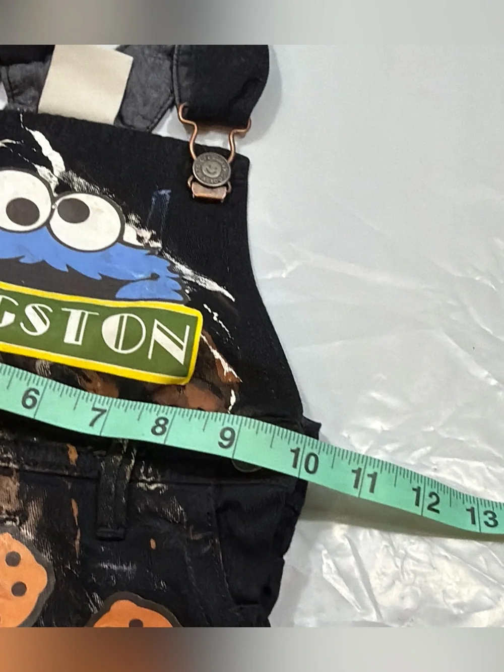 OFFCORSS BLACK denim bib overall jeans white tan paint splatters COOKIE MONSTER